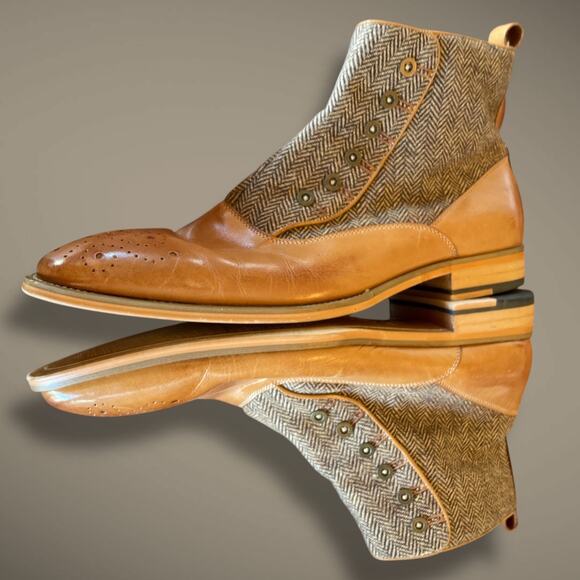 Men's Sz 11 GIOVANNI Edison Light Cognac Brown Leather Tweed Button Spat Boots - Picture 6 of 13